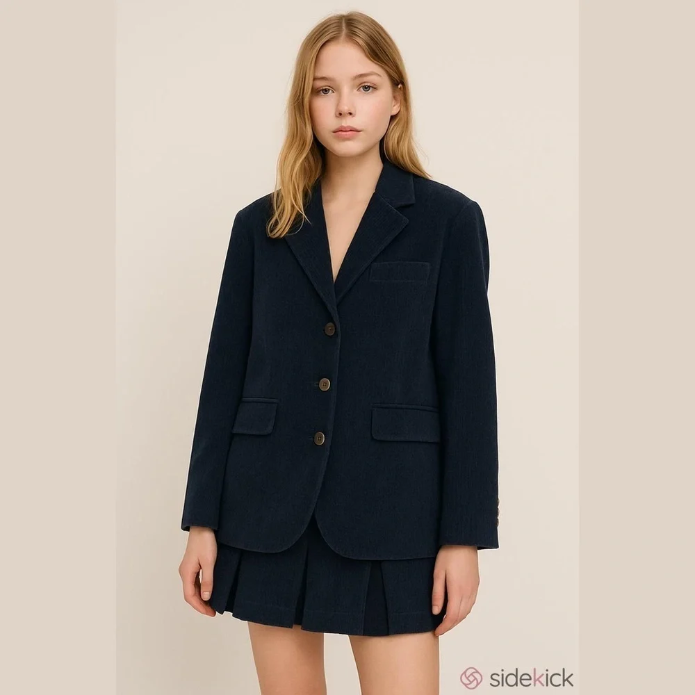 Private Label Blazer Skirt Set Navy Pleated Mini Italy 6 8 Medium Large